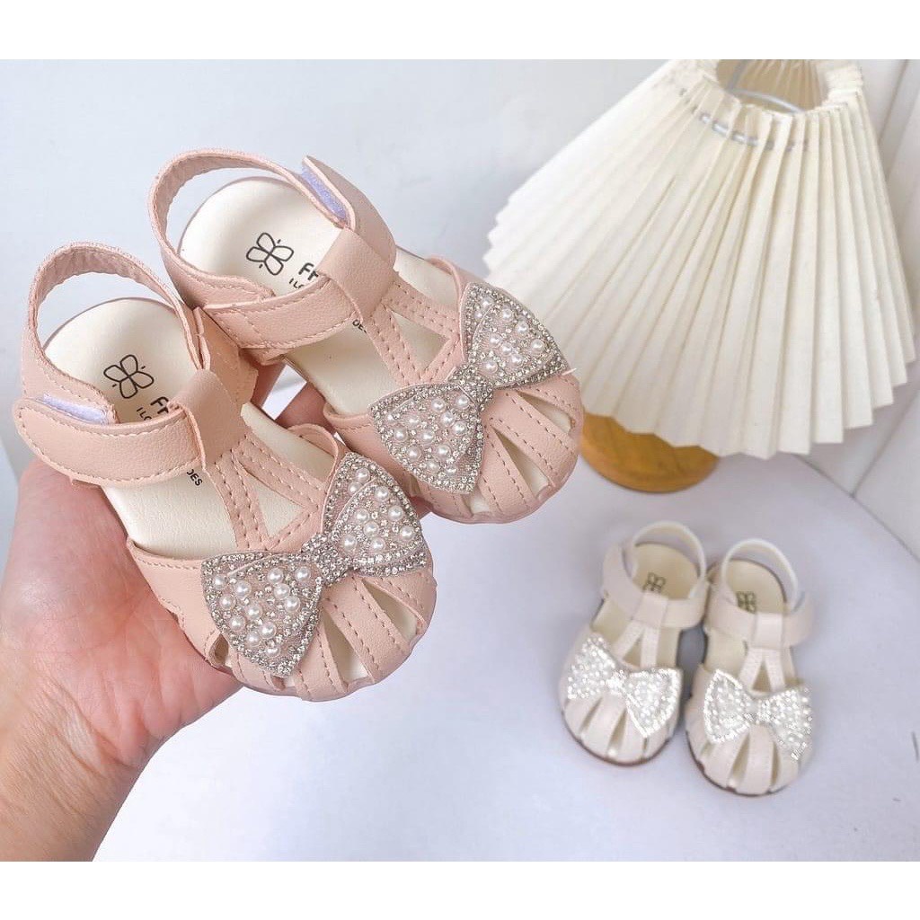 Giày Sandal quai rọ cao cấp tập đi nơ đính kim sa lấp lánh cho bé gái xinh xắn dễ thương cho bé 0-3 tuổi
