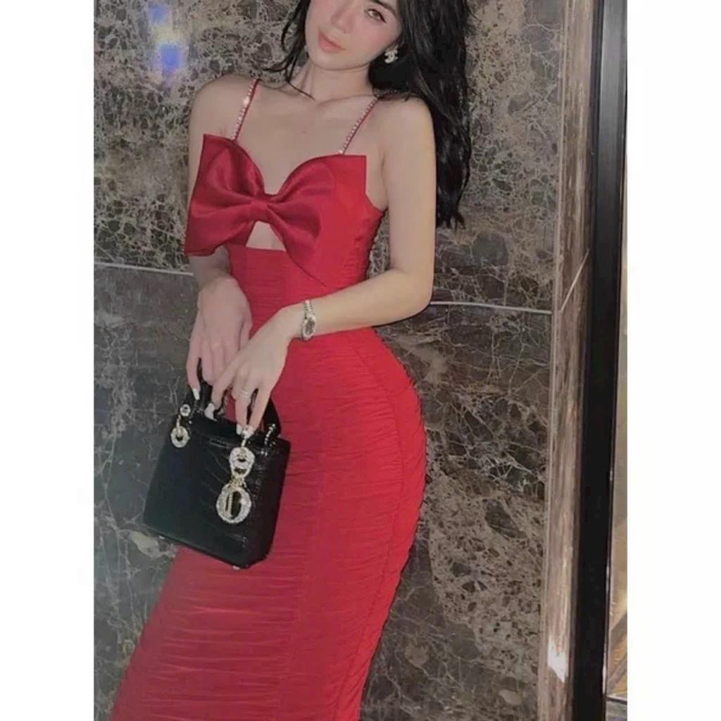 Đầm 2 dây body nhún  nơ ngực fom chuẩn tôn dáng