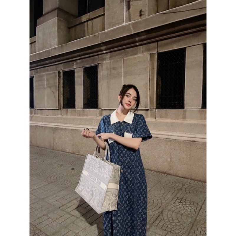 Đầm Jean Dáng Suông Phối Màu Cổ Siêu Xinh