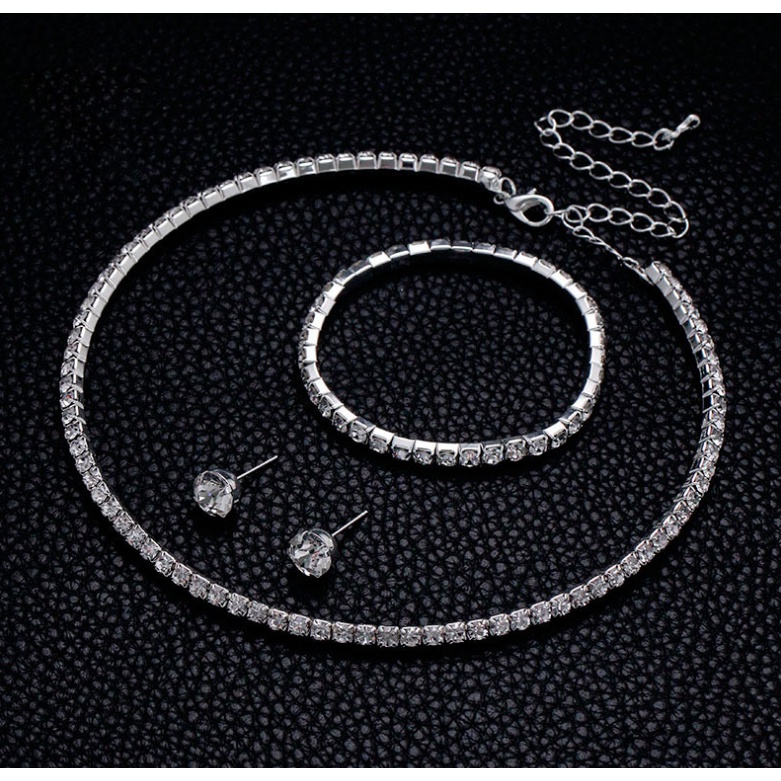 Bộ trang sức nữ bạc 3 món dây chuyền vòng tay bông tai đính đá cá tính