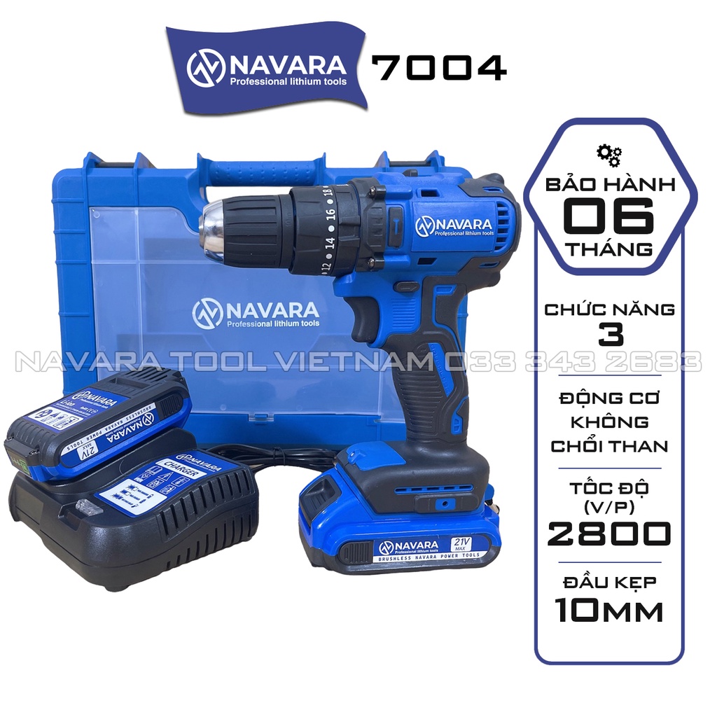 Máy khoan pin Navara 7004 Động cơ bền bỉ và mạnh mẽ, Dây đồng nguyên chất