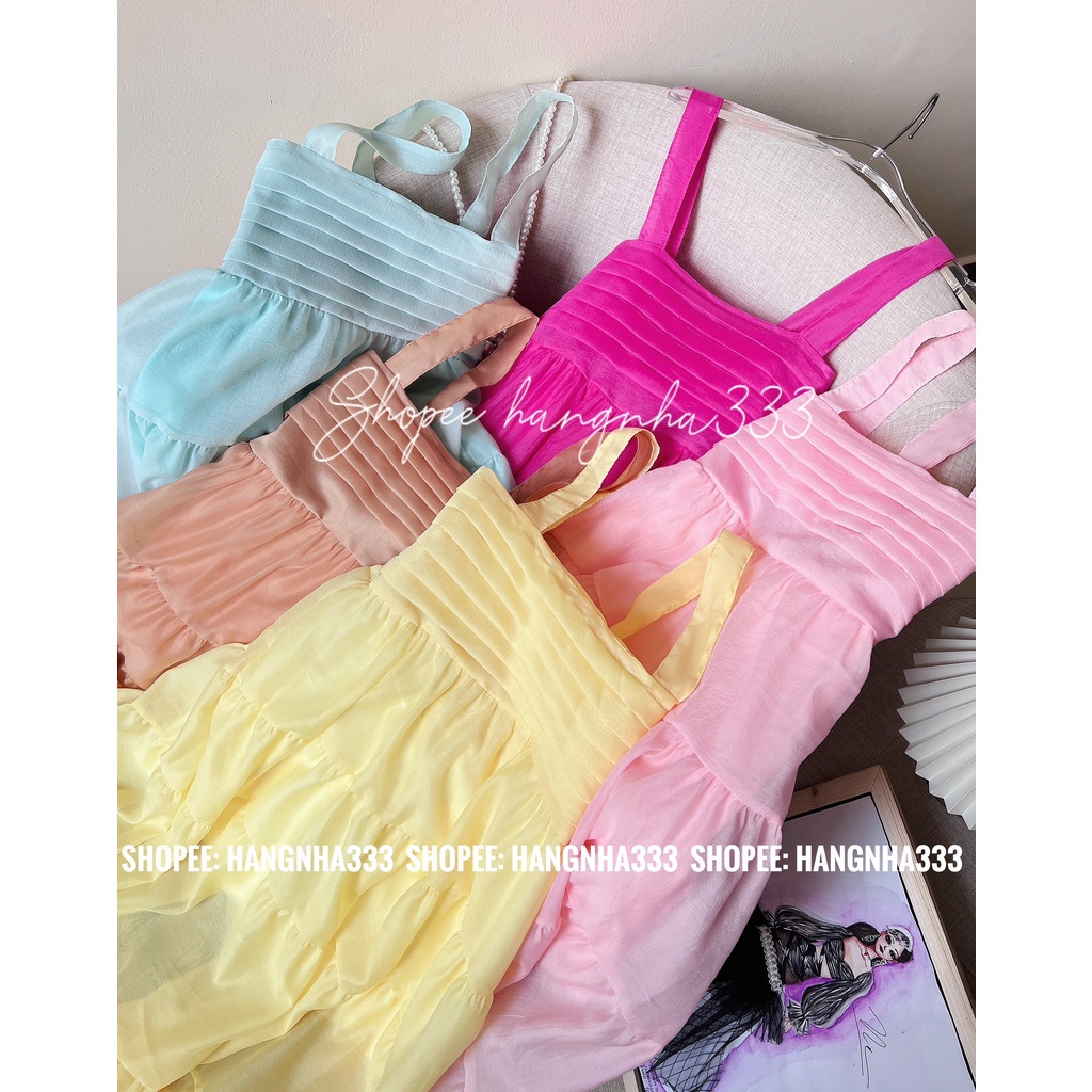 2 LỚP | Váy đầm maxi 2 dây chun lưng form dài siêu xòe xếp ly ngực chất tơ lụa nhiều màu pastel trendy | BigBuy360 - bigbuy360.vn