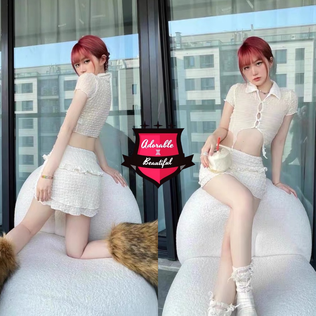 Set Áo Và Chân Váy Xuyên Thấu Ren Trắng Kem Không Có Lót Trong Phong Cách Sexy Ulzzang