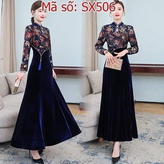 SX506 ĐẦM SƯỜN XÁM XÒE NHUNG CỔ NÚT TÀU GIỌT NƯỚC PHỐI REN HOA