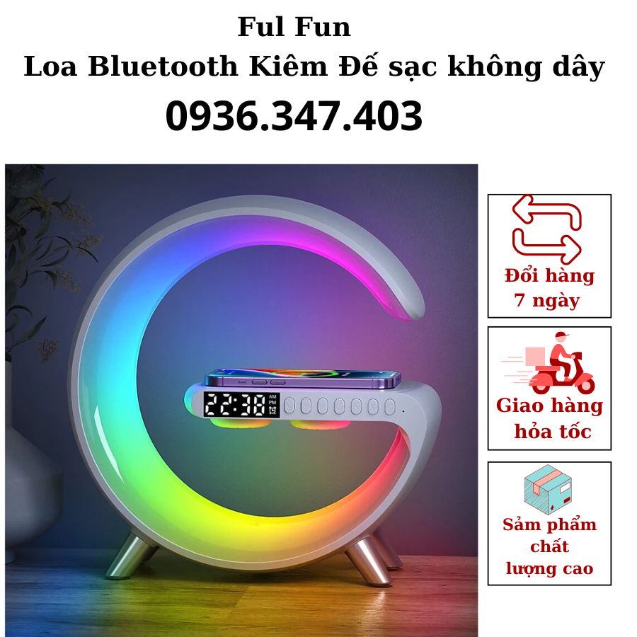 Loa Bluetooth Kiêm Đế sạc không dây có đồng hồ báo thức Chữ G, Đèn ngủ có nhạc và sạc nhanh quản lý bằng app