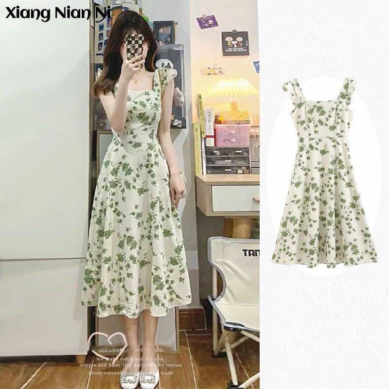 Đầm hai dây Xiang Nian Ni dáng chữ A in hoa thời trang mùa hè cho nữ