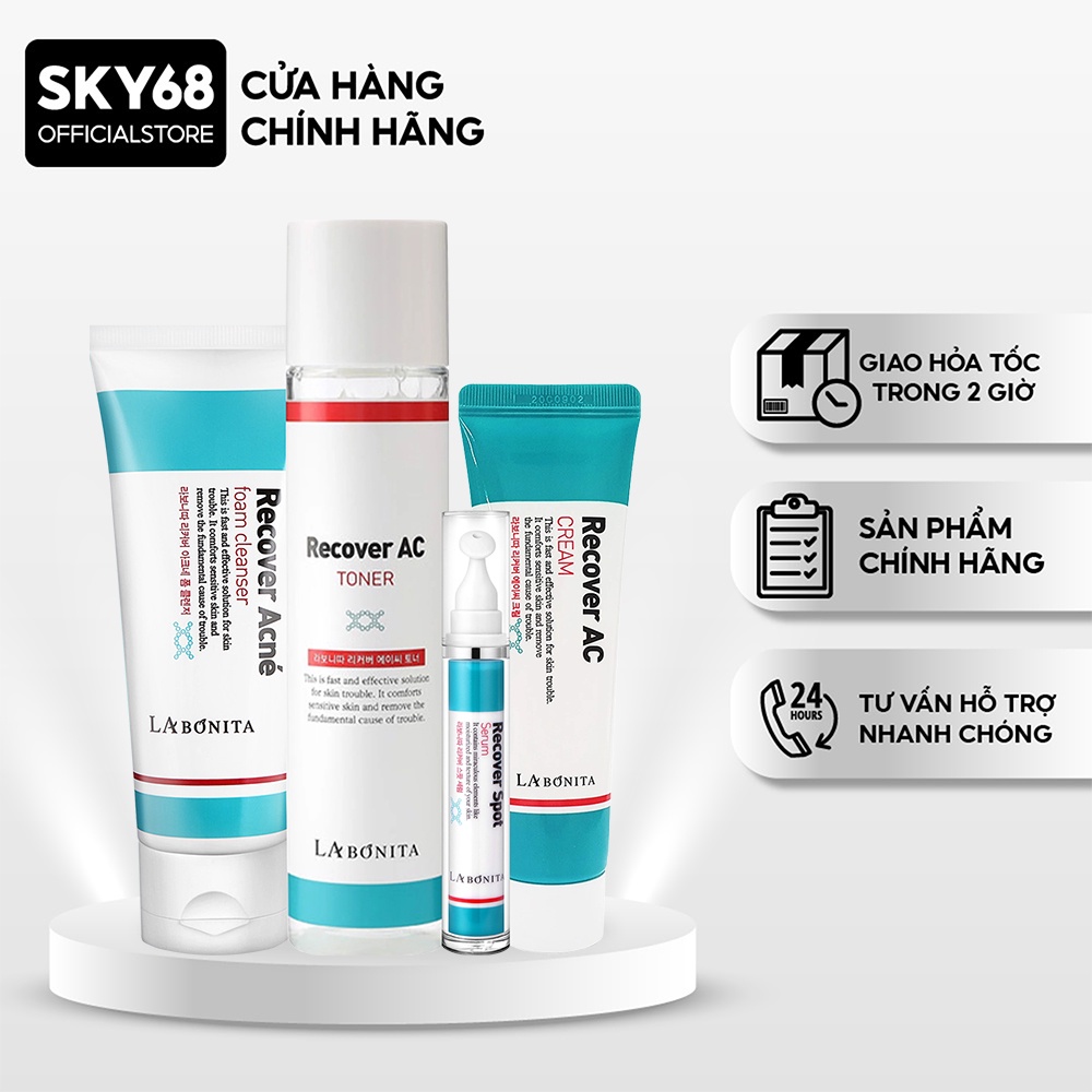 Combo 4 Sản Phẩm Sạch Mụn, Phục Hồi Da La Bonita Recover AC (SRM 100ml + Toner 120ml + Serum Spot 15ml + Kem 50ml)