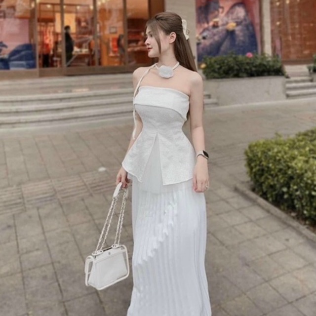 Set bộ nữ dự tiệc áo ống xẻ tà kèm chân váy midi voan dập ly có lót Vip 143