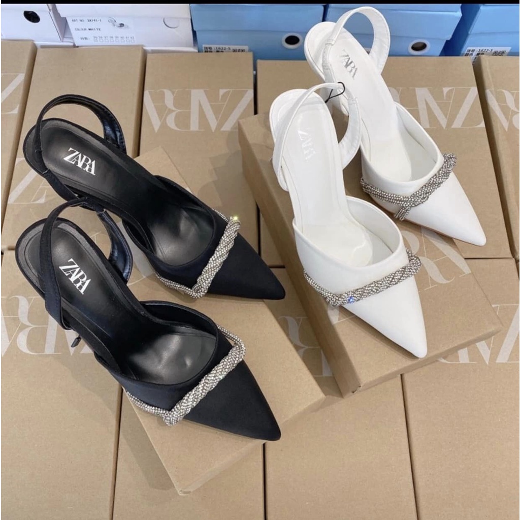 Slingback Zara cao gót bít mũi quai hậu rải đá trang trí 9p