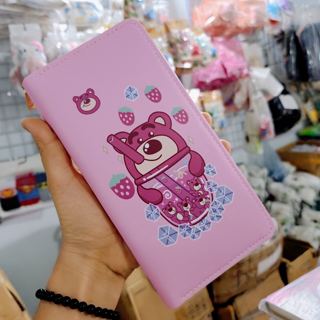 Bóp ví dài ví hình chữ nhật Da Pu hoạ tiết Gấu Dâu lotso hồng đáng yêu