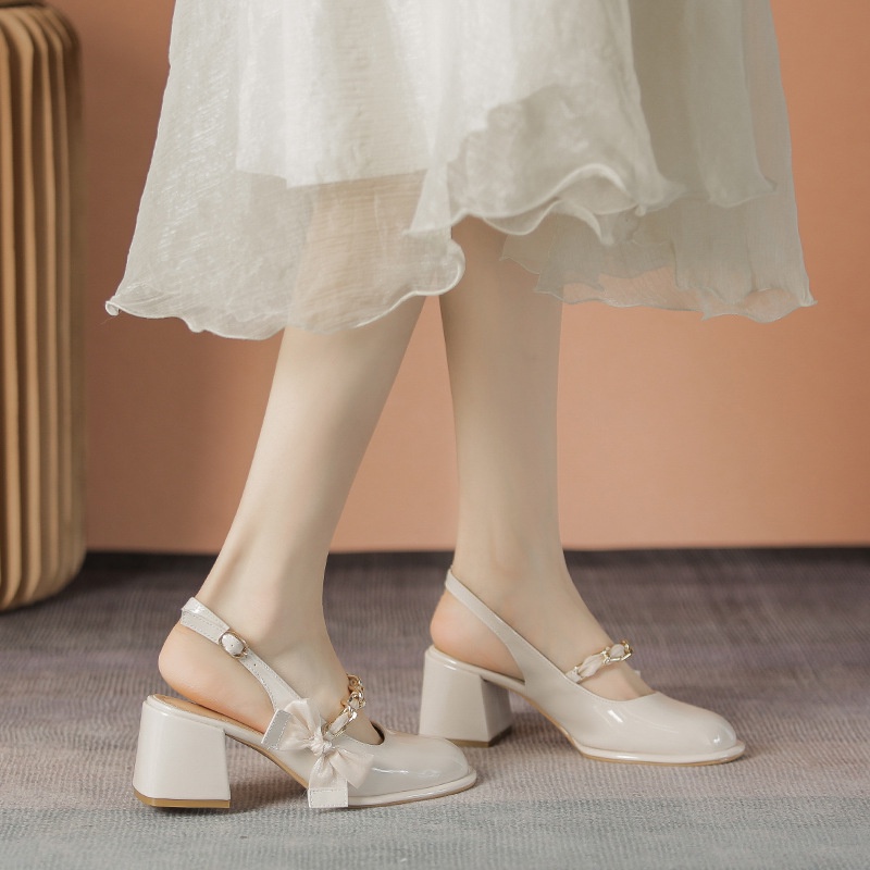 Giày Cao Gót Da Bóng Đính Nơ Lụa Bóng Kiểu Pháp Xinh Xắn Cho Nữ