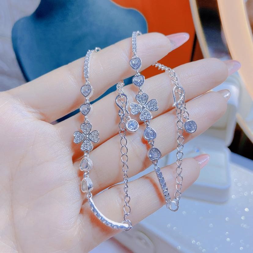Lắc tay bạc nữ Evasilver mặt cỏ 4 lá, Vòng tay chất liệu bạc ta cao cấp