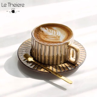 Cốc sứ ly sứ uống trà cafe cappuchino latte cổ điển vân sọc 220ml kèm đĩa lót