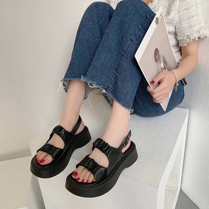 Giày Sandal Đế Dày Hở Ngón Quai Nhún Bèo  Phong Cách Hàn Quốc Thời Trang Mùa Hè Màu Đen 2022 Dành Cho Bạn Nữ