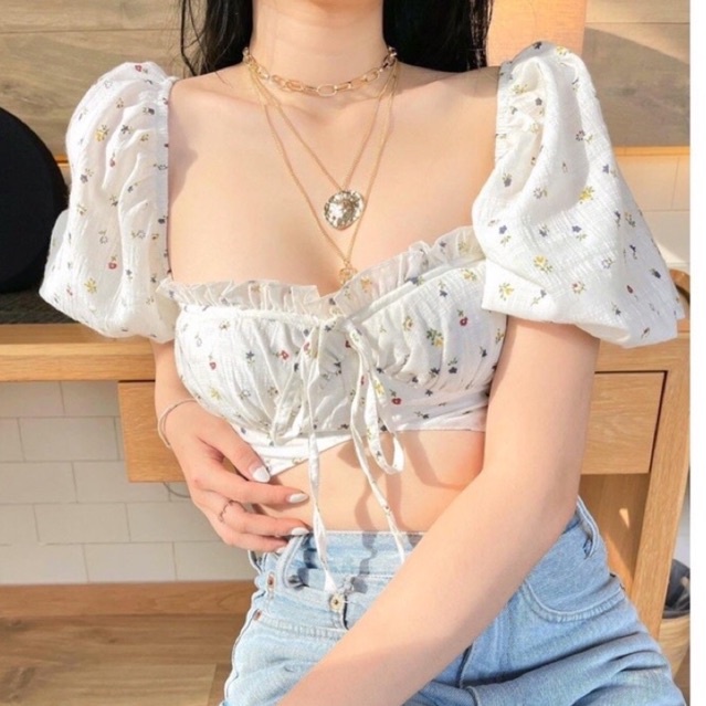 Áo tiểu thư tay bồng dáng Croptop hoa nhí xanh dịu dàng