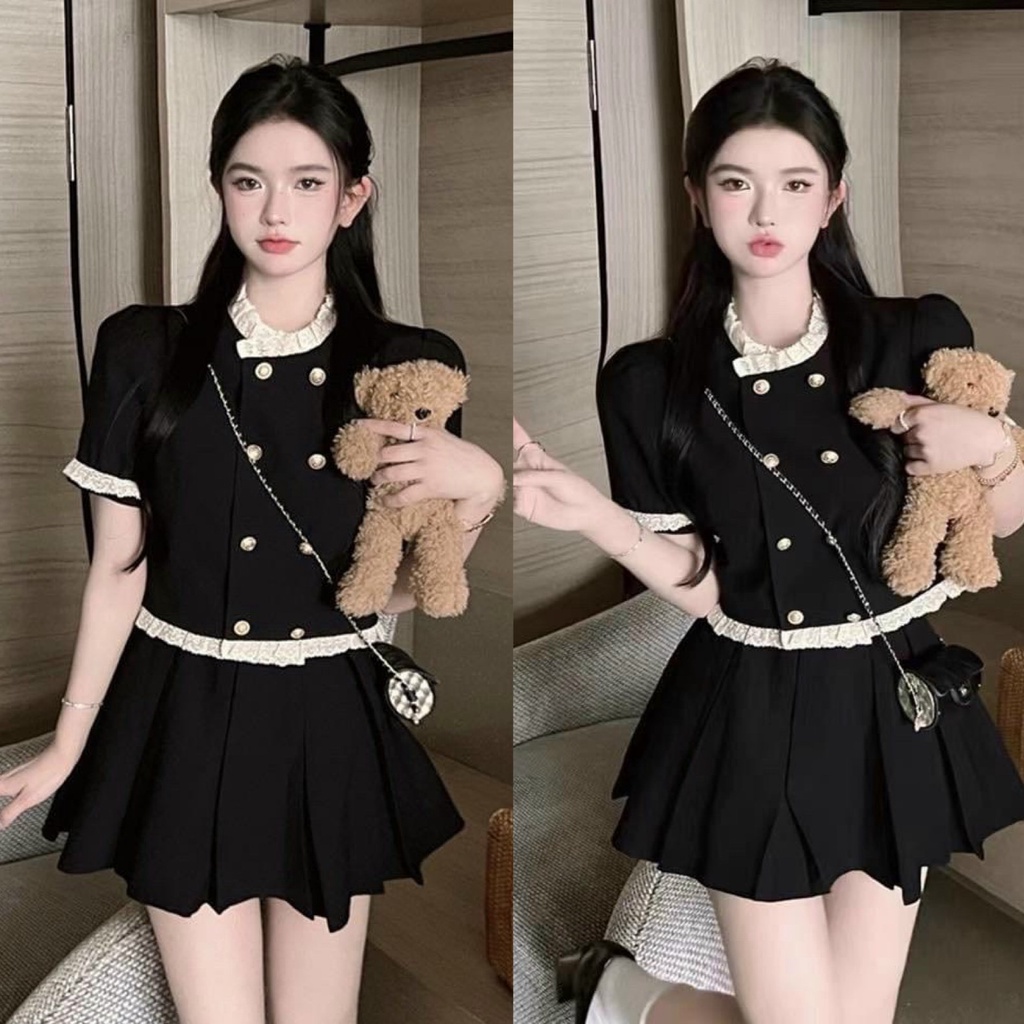 Set bộ đồ nữ tiếu thư xinh xắn áo kiểu croptop phối viền bèo mix chân váy chữ A sang chảnh