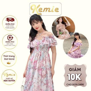 Váy maxi hoa nhí dáng dài đi biển, Đầm hoa đi biển trễ vai dáng xòe