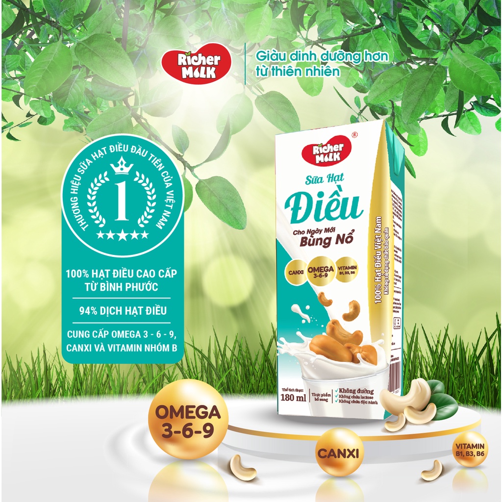 Lốc sữa hạt điều không đường Richer Milk 180ml (180ml x 4 hộp)