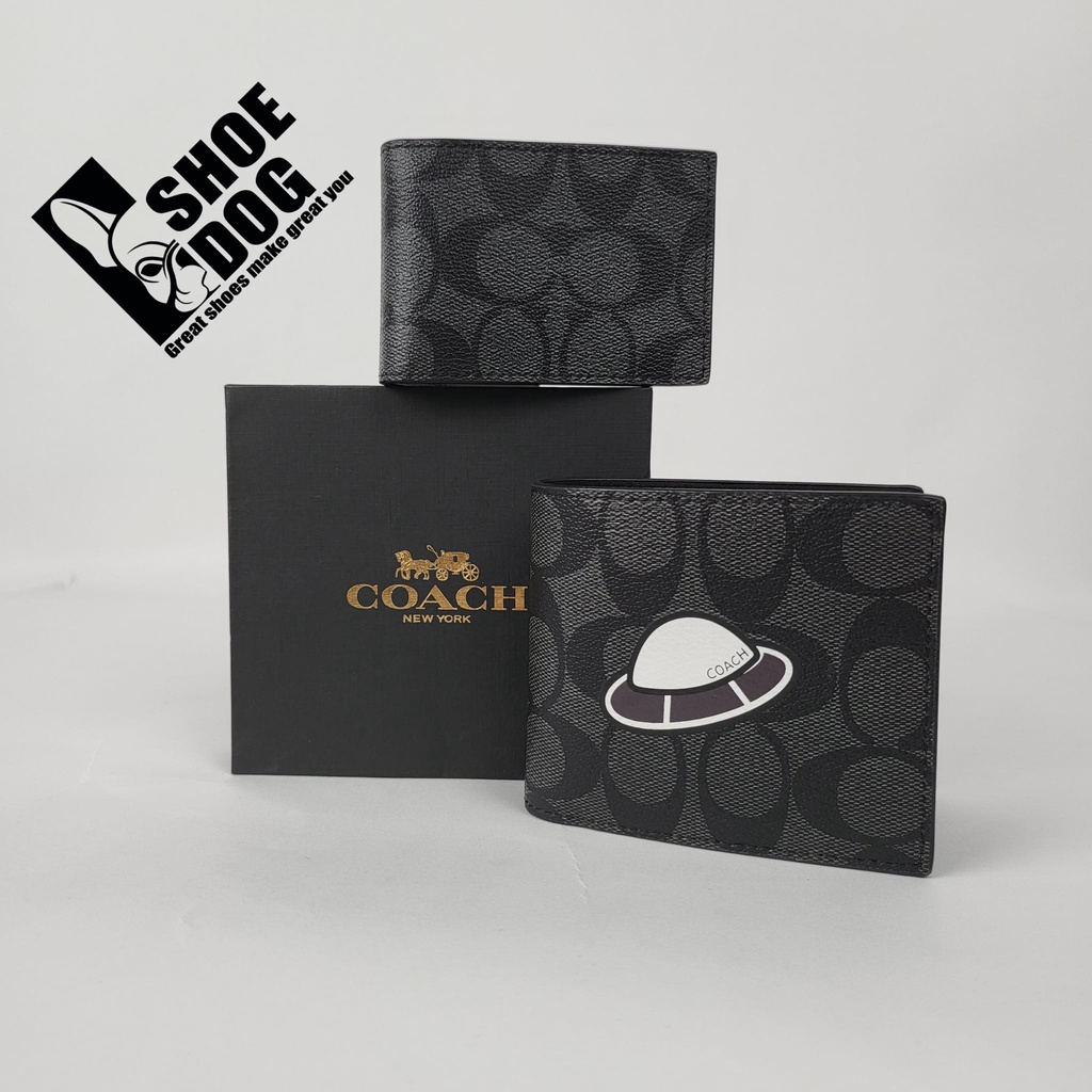 Bóp ví ngắn hàng hiệu nam nữ Coach gập đôi có tặng kèm card holder mono đen hình UFO