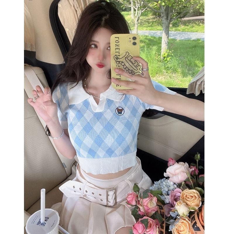 Áo croptop áo loang Áo Thun Cổ POLO Tay Ngắn Chất Liệu Lụa Lạnh Màu Sắc Tương Phản Thời Trang Mùa Hè Cho Nữ 2022