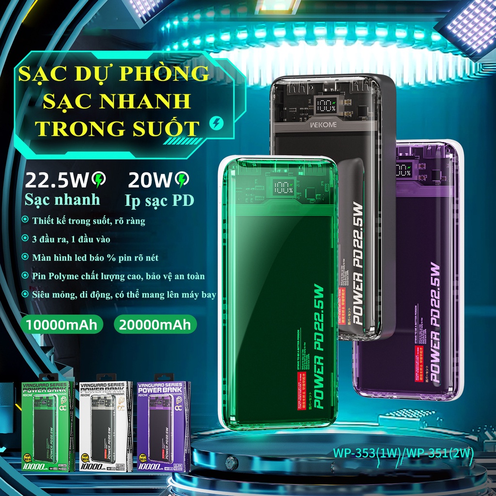 Sạc Dự Phòng Trong Suốt 10000mah 20000mah HOLOCOM WP351 WP353 Thiết Kế Sang Trọng Hiển Thị % Pin