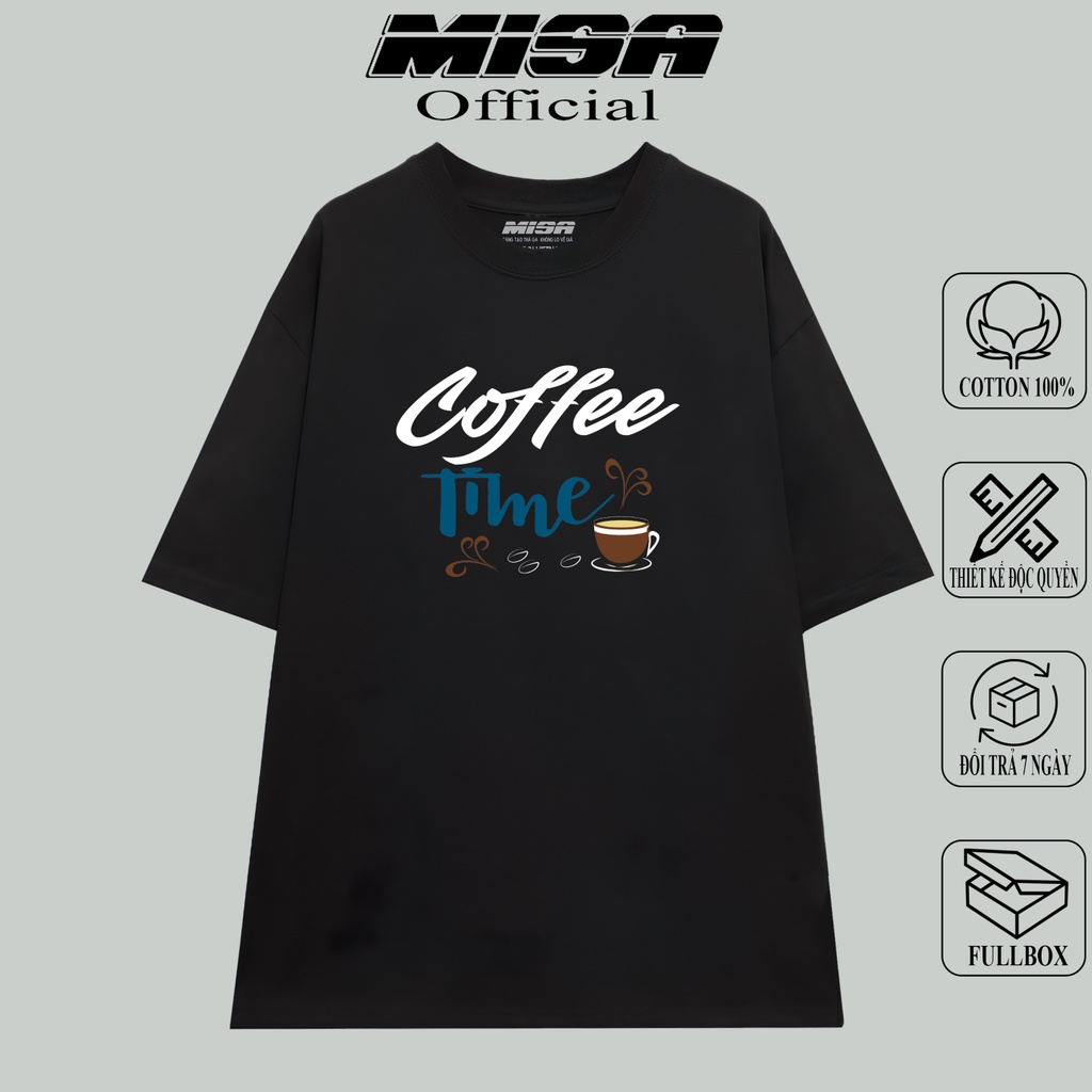Áo thun nam nữ form rộng tay lỡ MiSa chất vải cotton màu đen BST Cafe dành cho các tín đồ ghiền cafe
