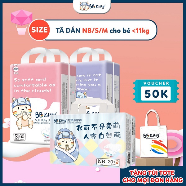 Combo 3 bịch Tã Bỉm dán BB Kitty size NB36/S60/M52/L46 cho bé dưới 14kg, bỉm nội địa Trung siêu thấm hút, an toàn cho bé