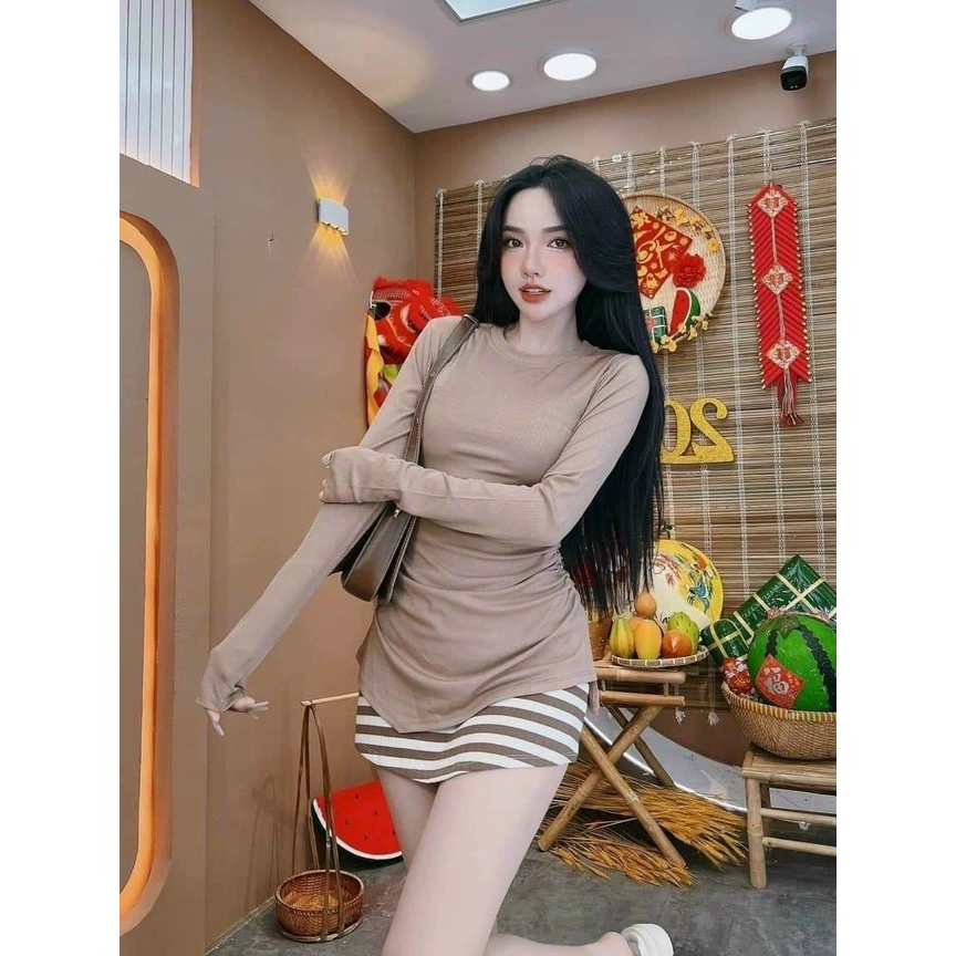 Set bộ đồ body nữ form dài tay mix chân váy sọc ngang xinh xắn, cute dành cho các nàng