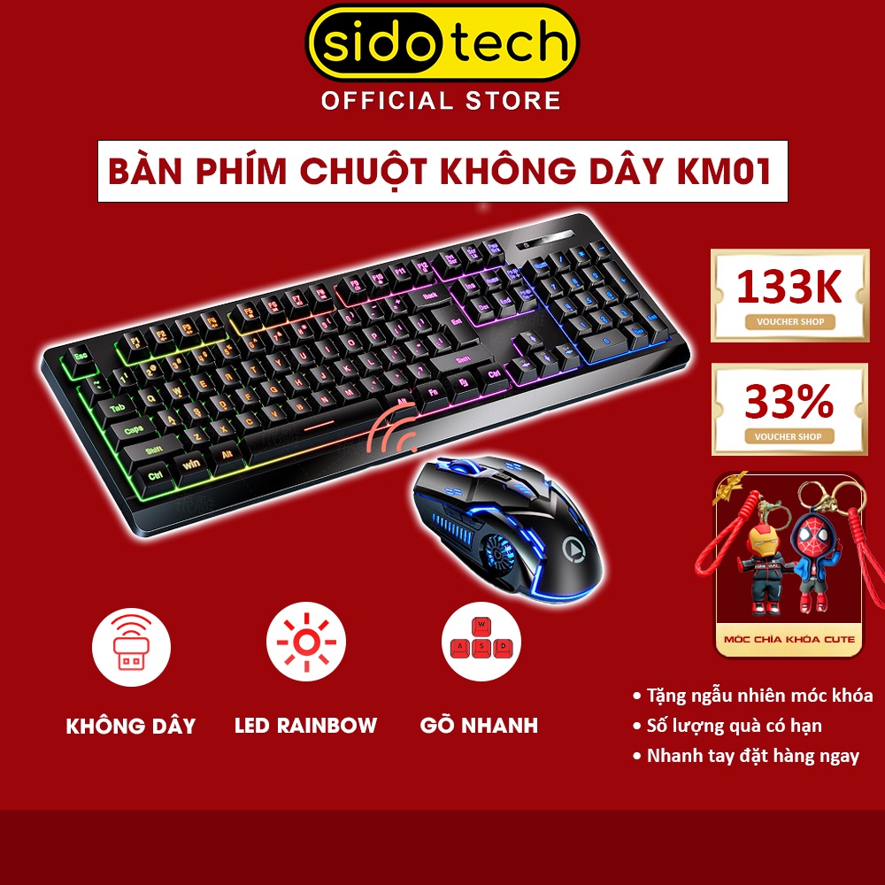 Bàn phím máy tính không dây SIDOTECH KM01 LED RGB gaming full size 104 phím tích hợp pin sạc dung lượng cao