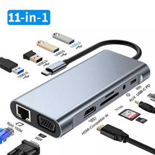 HUB USB C 11 Trong 1 Bộ Chuyển Đổi Type C Sang 4K HDMI VGA RJ45 Lan Ethernet SD/TF Micro Card Hub Dock Cổng AUX 11 3.5MM