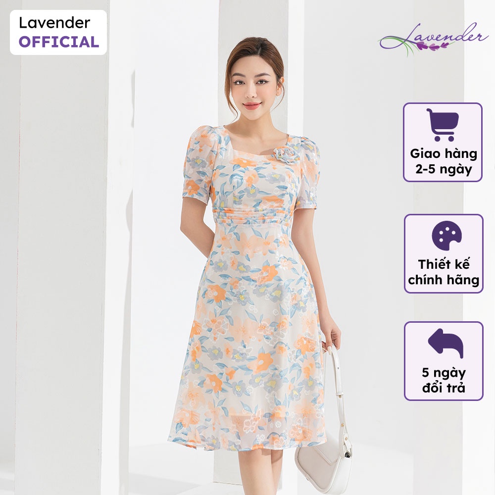 Đầm công sở thiết kế LAVENDER vải hoa cam cổ vuông đính hoa ly eo D2784