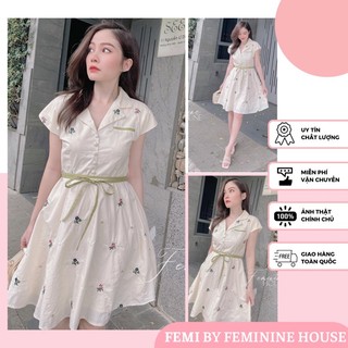 Đầm Cổ Vest Thêu Hoa, váy cổ vest, váy thêu xinh, váy hoa nhí, đầm công sở