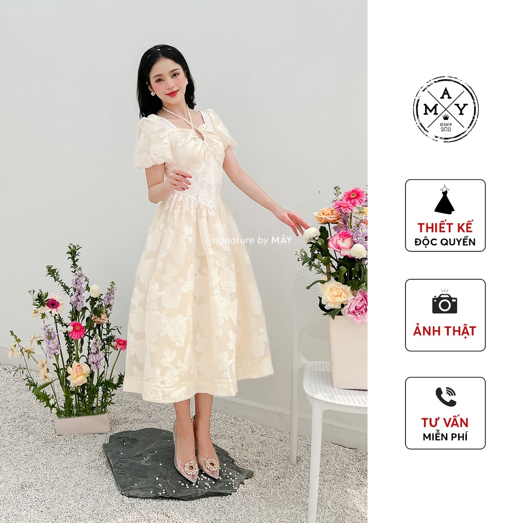 Váy Midi Xòe MAY.SINCE2011 Thiết Kế Tay Bồng Dáng Dài Chất Liệu Ren Hoa Nổi Cực Xinh TAU01-1765