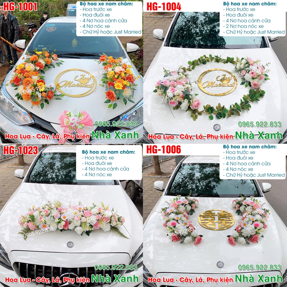BỘ HOA GIẢ XE HOA CƯỚI CAO CẤP - Nam Châm Bền Chắc, Hoa Lụa Cao Cấp