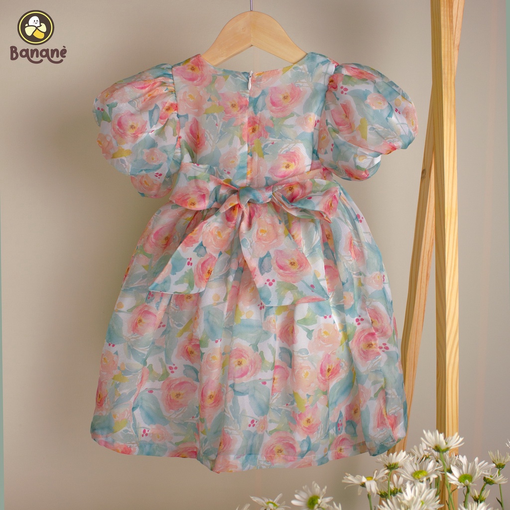 Váy bé gái voan ánh kim tay phồng 2 lớp Bananè Kids đầm công chúa thắt nơ lưng - D06H