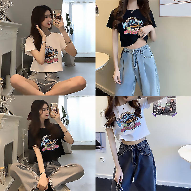 Áo thun croptop nữ vải cotton cổ tròn cá tính freesize 35 - 55kg, áo thun ngắn tay thể thao cao cấp dạo phố