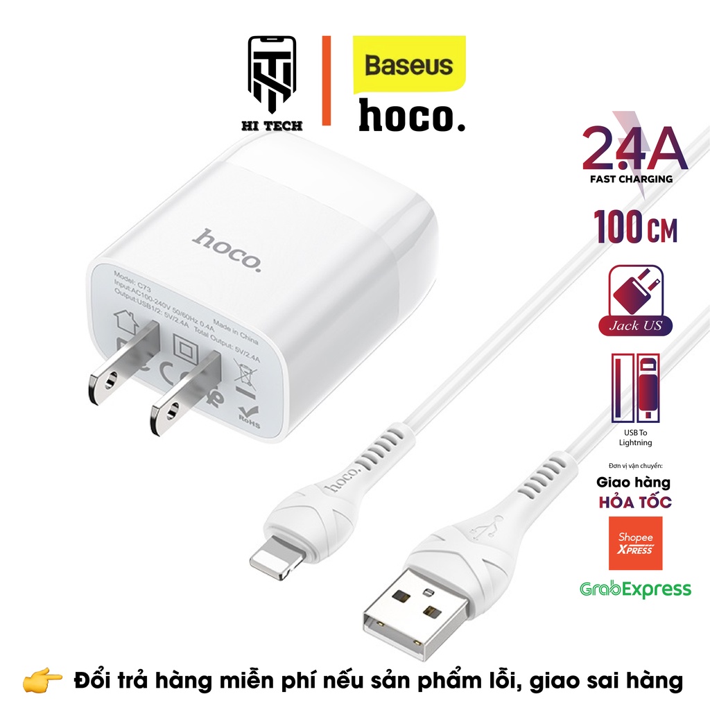 Bộ sạc lP HOCO C73, sạc nhanh 2.4A đầu ra 2 USB kèm theo cáp cho thiết bị nightling, phích cắm tiêu chuẩn US cáp 1m.