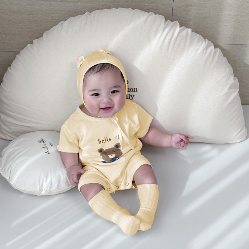 Bộ body gấu Hello kèm mũ tai gấu  siêu dễ thương cho bé trai bé gái Hokiha Kid chất cotton mềm mại size 3-10kg TE301