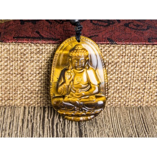 Mặt dây chuyền Phật Bản Mệnh đá Mắt Hổ nâu vàng cho 12 con giáp Tặng kèm dây đeo - Hợp mệnh Kim Thổ