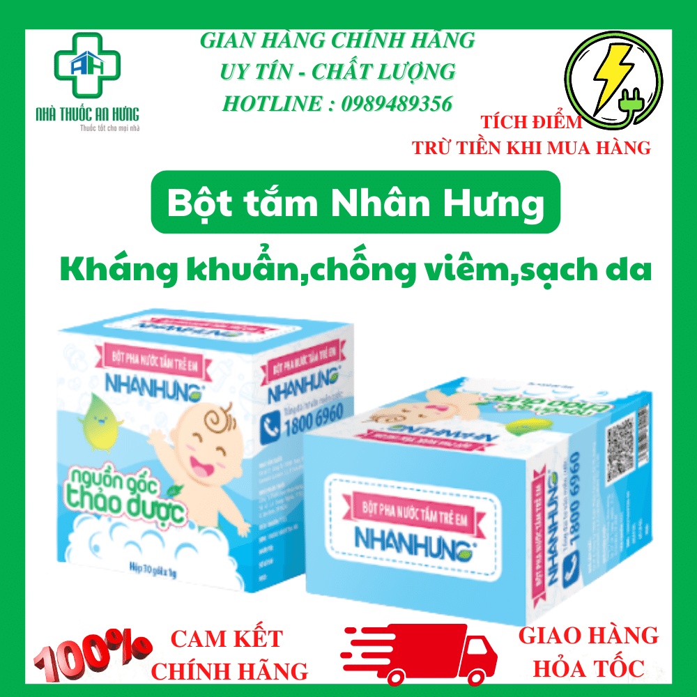 Bột Tắm Trẻ Em Nhân Hưng -Thành Phần Thiên Nhiên, Giúp Sạch Da, Kháng Khuẩn,Hết Hăm Da, Mẩn Ngứa, Rôm Sẩy(Hộp 30 gói)
