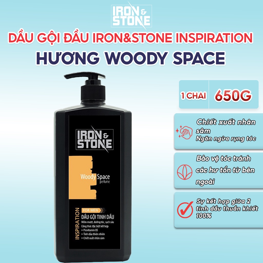 Dầu gội đầu IRON&STONE Inspiration hương Woody Space dành cho nam dung tích 650G, dưỡng tóc chắc khỏe, làm sạch sâu