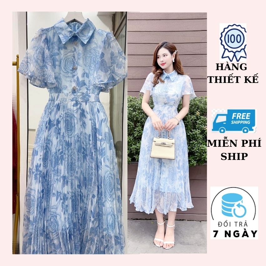 Đầm hoa tiểu thư dáng maxi màu nhẹ nhàng - Váy sơ mi voan hoa cao cấp xếp ly chân váy tỉ mỉ lên dáng chuẩn - HOMI SHOP