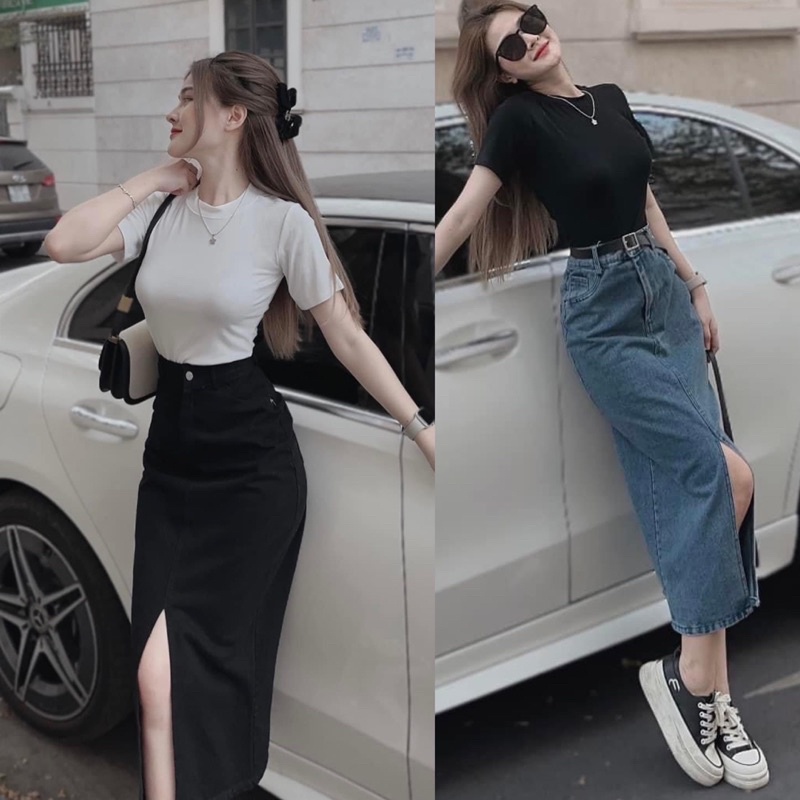 SET CHÂN VÁY JEAN + ÁO THUN CỔ TRÒN