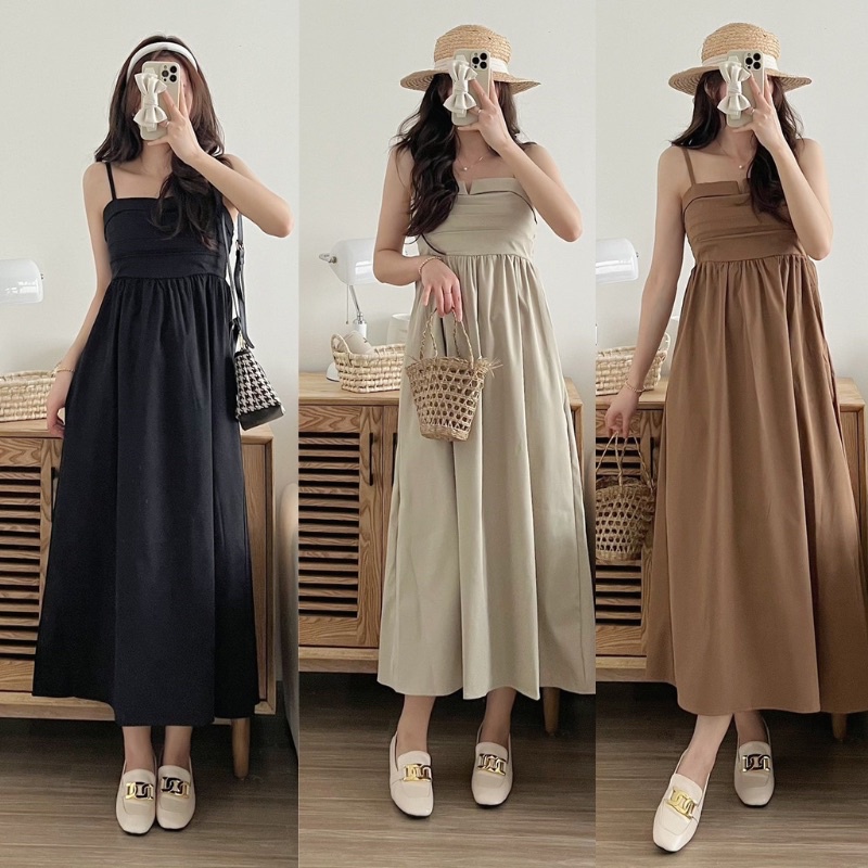 Váy 2 dây dáng dài chun lưng phong cách Hàn Quốc , Váy hai dây cách điệu xếp ly ngực