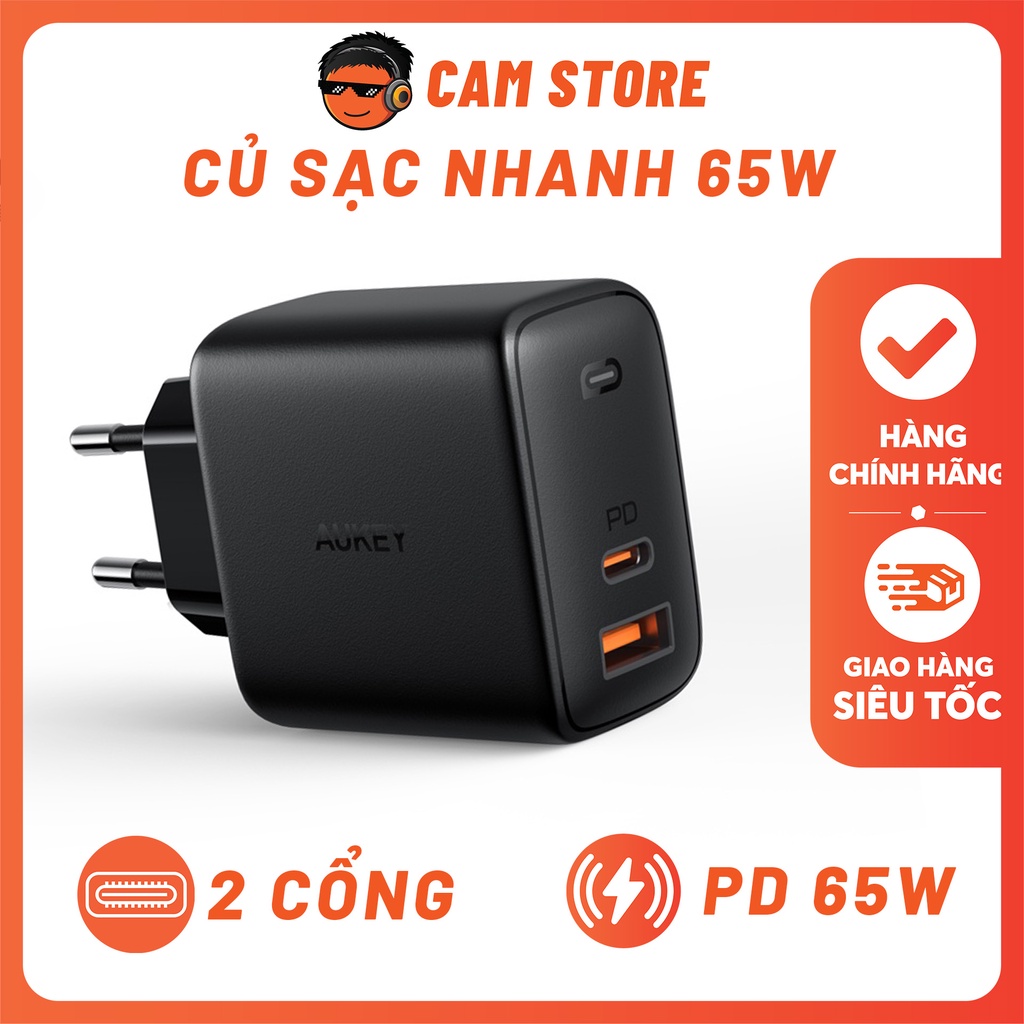 Củ Sạc Nhanh Aukey PA-B3 65W - Sạc Nhanh PD Điện Thoại Android, LAPTOP (TRẮNG)