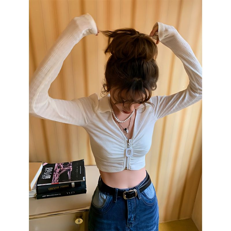 COZOKC COZOK Áo Thun Tay Dài Dáng Ôm Cổ Chữ V Xếp Ly Phối Khóa Kéo Thời Trang Cho Nữ