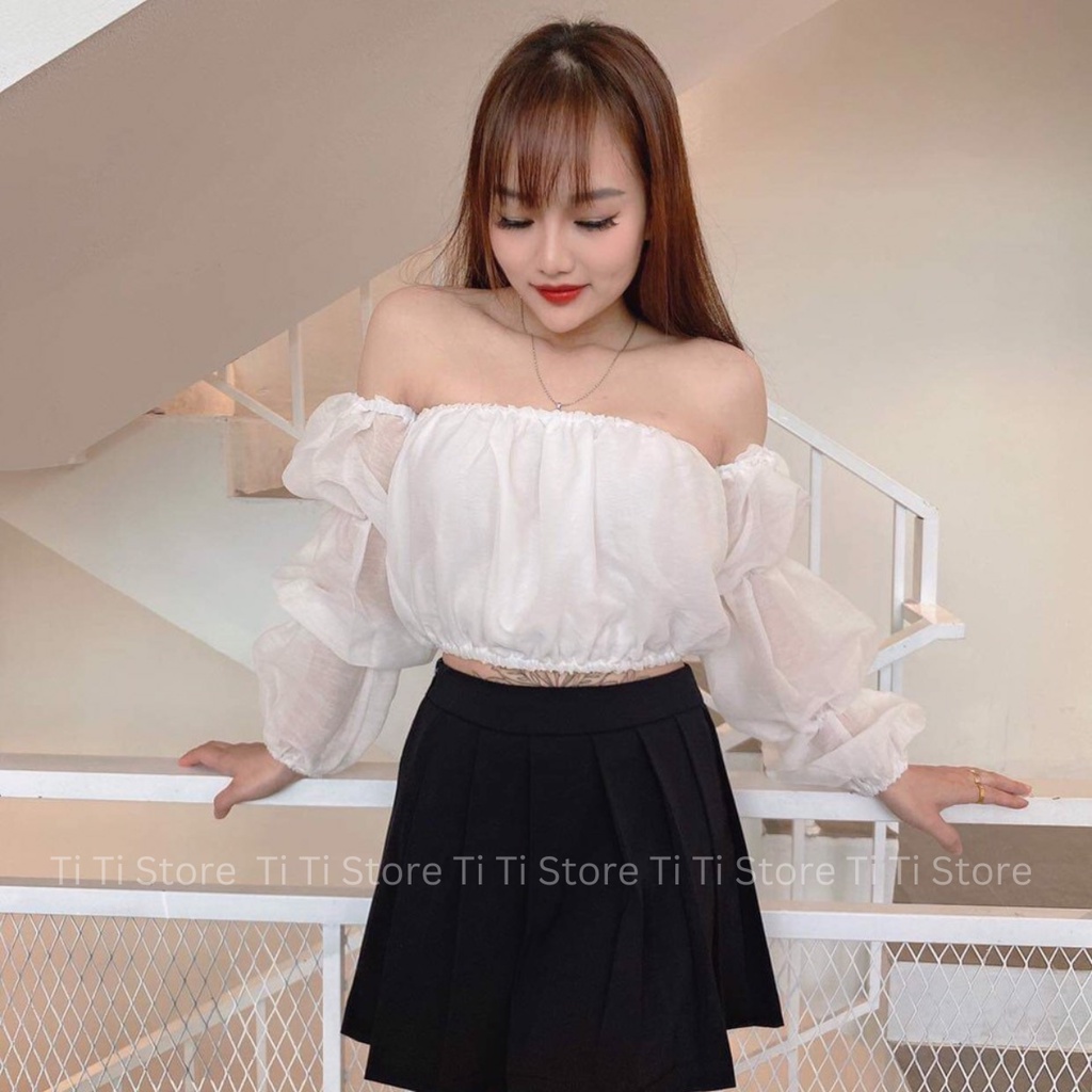 Áo trễ vai tay rời chun tay co giãn 2 màu đen trắng cho nữ, Áo trễ vai croptop tay bồng | BigBuy360 - bigbuy360.vn