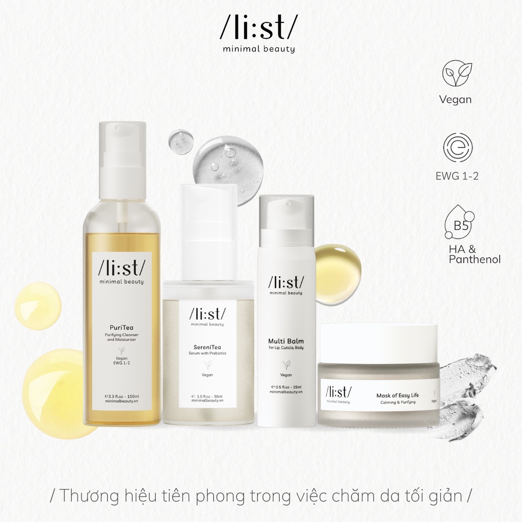 Trọn bộ 4 sản phẩm chăm da tối giản LI:ST PuriTea 100ml, SereniTea 30ml, Multi-Balm 15ml, Mask of Easy Life 30ml
