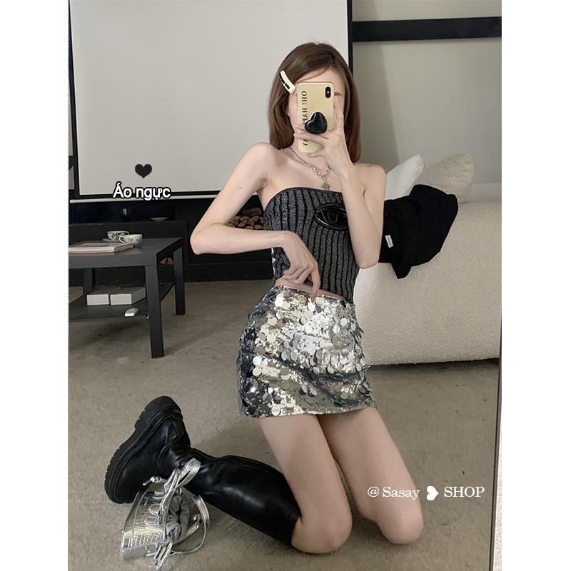 QADCOL Bộ Áo Dệt Kim Ôm Dáng Phối Chân Váy Lưng Cao Đính Kim Sa Lấp Lánh Quyến Rũ Cho Nữ