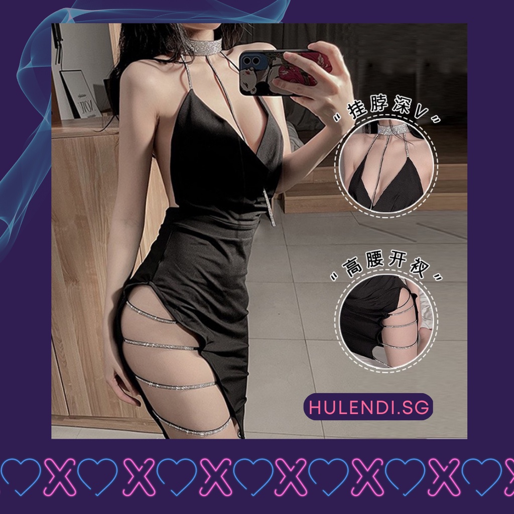 A19 Bộ Váy Ngủ Đính Đá Choker Cổ Xẻ Đùi Sexy, Tặng Chip Lọt Khe, Đồ Ngủ Gợi Cảm Quyến Rũ | BigBuy360 - bigbuy360.vn